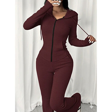 Lucky Life Kadın Uzun Kollu Kapşonlu Bağcıklı önü Fermuarlı Viskon Iki Iplik Bluz Ve Pantolon Ikili Takım