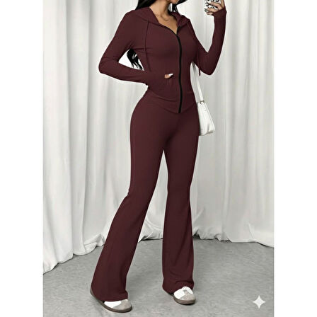 Lucky Life Kadın Uzun Kollu Kapşonlu Bağcıklı önü Fermuarlı Viskon Iki Iplik Bluz Ve Pantolon Ikili Takım