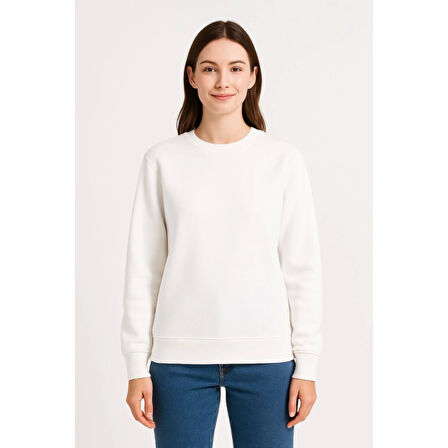 Lucky Life Üç İplik Düz Bisiklet Yaka SweatShirt - Beyaz