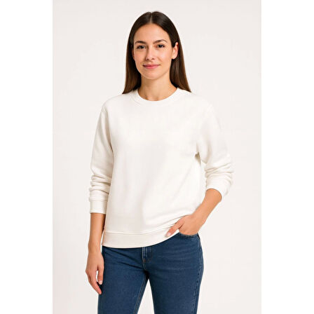 Lucky Life Üç İplik Düz Bisiklet Yaka SweatShirt - Beyaz