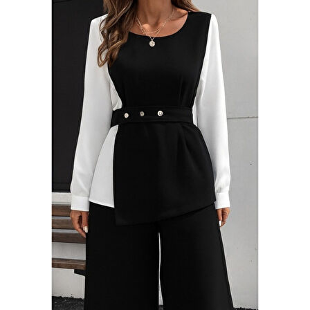 Lucky Life Lucky Life Kadın Uzun Kollu Açık Yakalı çift Renkli Kemerli Ithal Krep Ikili Takım