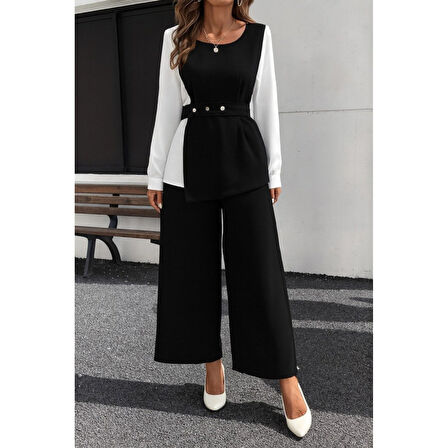 Lucky Life Lucky Life Kadın Uzun Kollu Açık Yakalı çift Renkli Kemerli Ithal Krep Ikili Takım