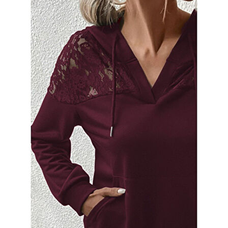 Lucky Life Kadın Uzun Kollu Kapşonlu Bağcıklı Dantelli Viskon Iki Iplik Bluz