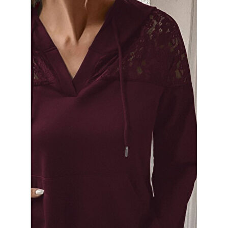 Lucky Life Kadın Uzun Kollu Kapşonlu Bağcıklı Dantelli Viskon Iki Iplik Bluz