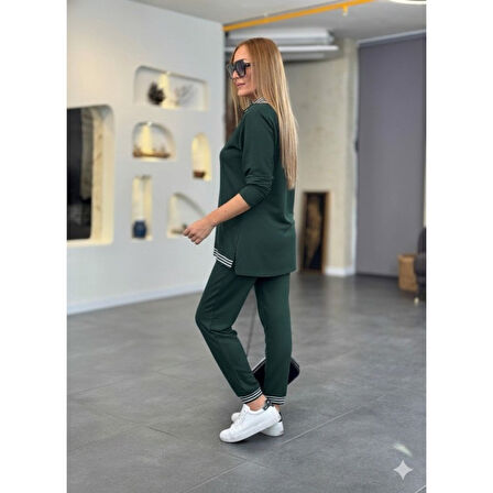 Lucky Life Lucky Life Kadın Uzun Kollu Fermuarlı şerit Detay Desenli Alt üst Ikili Viskon Iki Iplik Takım