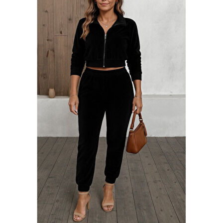 Lucky Life Kadın Uzun Kollu önden Fermuarlı Krop Kadife Ceket Ve Pantolon Ikili Takım