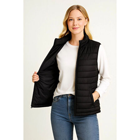 Lucky Life Kadın Şişme FermuarlıYelek Su Itici Kapitone Astarlı Kumaş Cepli Hafif Kışlık Spor Rahat Kalıp - Siyah