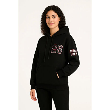 Lucky Life Üç İplik Kapüşonlu Ön Ve Arka Baskılı SweatShirt Hoodie - Siyah