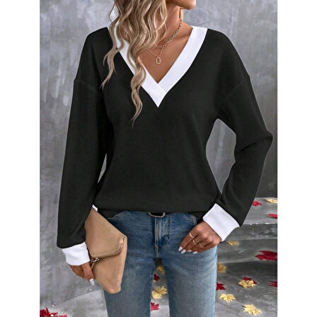 Lucky Life Kadın Uzun Kollu V Yakalı Waffle Bluz