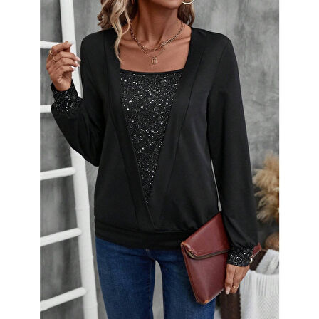 Lucky Life Kadın Uzun Kollu V Yakalı Içi Süprem Desenli Dışı Viskon Bluz