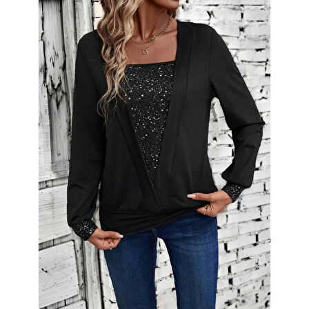 Lucky Life Kadın Uzun Kollu V Yakalı Içi Süprem Desenli Dışı Viskon Bluz