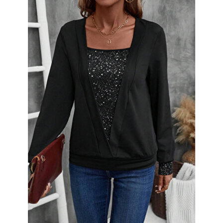 Lucky Life Kadın Uzun Kollu V Yakalı Içi Süprem Desenli Dışı Viskon Bluz