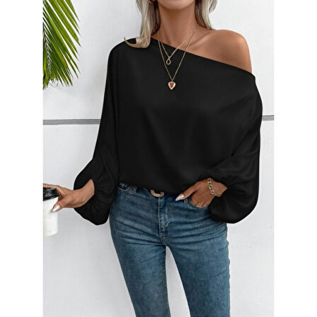 Lucky Life Kadın Tek Omuzu Açık Uzun Kollu Salaş Sandy Bluz