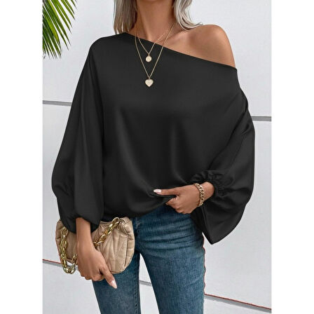 Lucky Life Kadın Tek Omuzu Açık Uzun Kollu Salaş Sandy Bluz