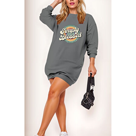 Lucky Life Kadın Uzun Kollu Bisiklet Yaka Yazılı Viskon Iki Iplik Elbise