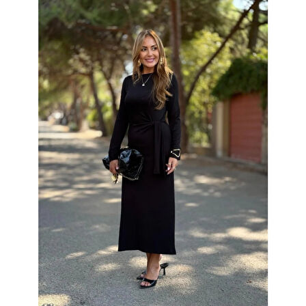 Lucky Life Kadın Uzun Kollu Bisiklet Yaka Yandan Bağlamalı Uzun Modal Elbise