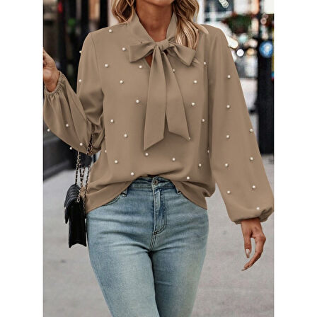 Lucky Life Kadın Uzun Kollu Yakadan Fiyonklu Incili Ithal Krep Bluz