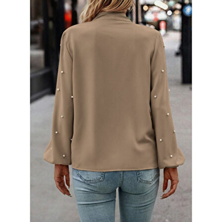 Lucky Life Kadın Uzun Kollu Yakadan Fiyonklu Incili Ithal Krep Bluz