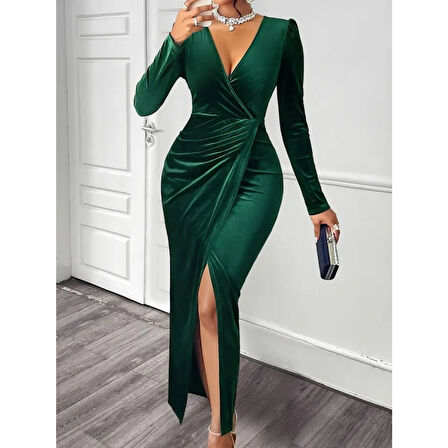 Lucky Life Kadın Uzun Kollu Kruvaze Yaka önünden çapraz Detaylı Uzun Kadife Elbise