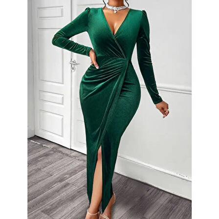 Lucky Life Kadın Uzun Kollu Kruvaze Yaka önünden çapraz Detaylı Uzun Kadife Elbise