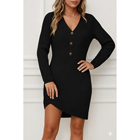 Lucky Life Kadın Uzun Kollu V Yakalı önden Düğmeli Kısa Triko Elbise