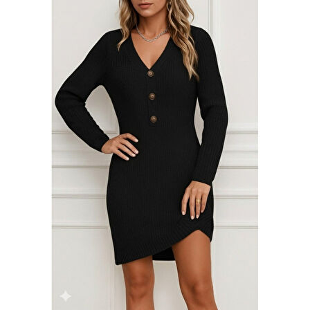 Lucky Life Kadın Uzun Kollu V Yakalı önden Düğmeli Kısa Triko Elbise