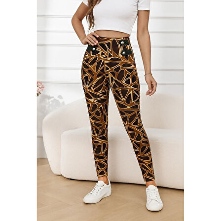 Lucky Life Kadın Yüksek Bel Kaz Ayağı Desenli Yan şerit Düğme Detaylı Dalgıç Pantolon