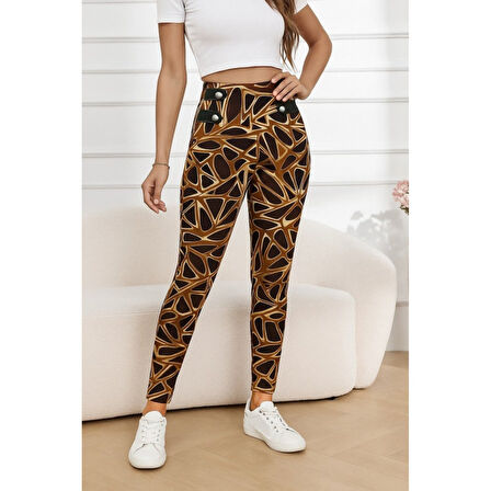 Lucky Life Kadın Yüksek Bel Kaz Ayağı Desenli Yan şerit Düğme Detaylı Dalgıç Pantolon