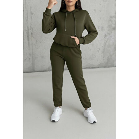 Lucky Life Kadın Uzun Kollu Kapşonlu Bağcıklı üç Iplik Bluz Ve Pantolon Ikili Takım