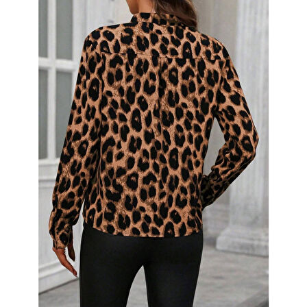 Lucky Life Kadın Uzun Kollu V Yakalı Leopar Desenli Modal Bluz