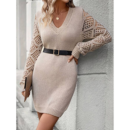 Lucky Life Kadın Uzun Kollu V Yakalı Mini Triko Elbise