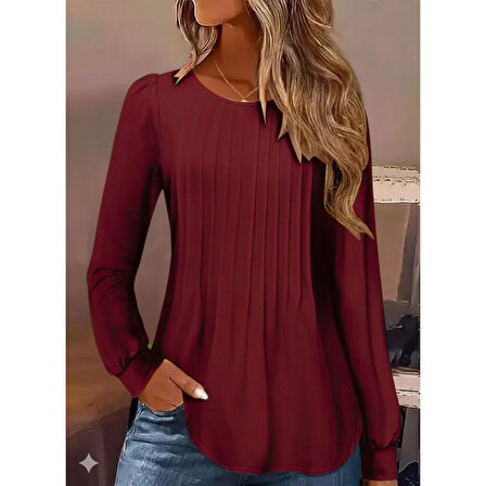 Lucky Life Kadın Uzun Kollu Yuvarlak Yaka Nervürlü Bluz