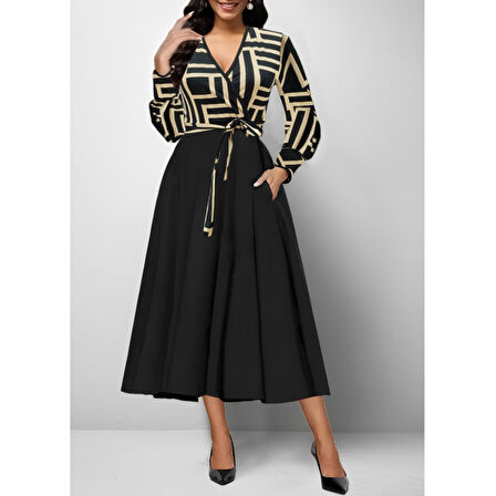 Lucky Life Kadın Uzun Kollu Kruvaze Yaka Dalgıç Krep Midi Boy Elbise