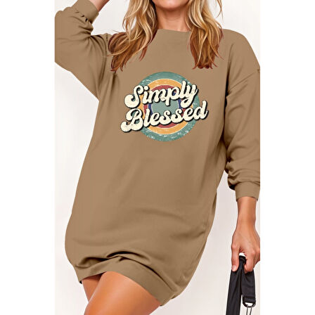 Lucky Life Kadın Uzun Kollu Bisiklet Yaka Yazılı Viskon Iki Iplik Elbise