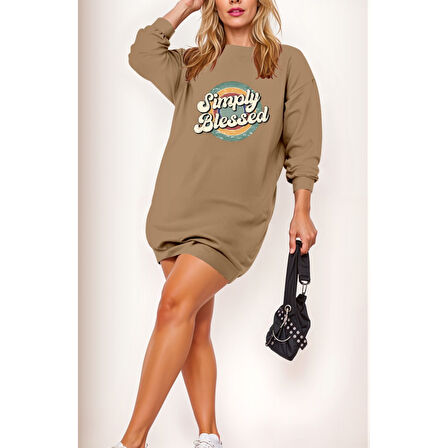 Lucky Life Kadın Uzun Kollu Bisiklet Yaka Yazılı Viskon Iki Iplik Elbise