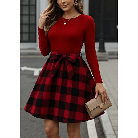 Lucky Life Kadın Uzun Kollu Bisiklet Yaka üst Viskon Alt Ekose Kısa Elbise