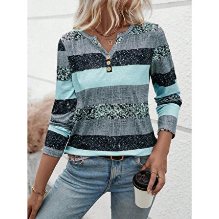 Lucky Life Kadın Uzun Kollu Yakadan Düğmeli çizgili Desenli Süprem Bluz