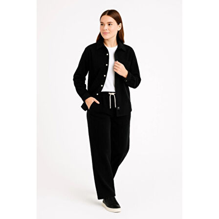 Lucky Life  Kadife Oversize Takım – Gömlek Ve Pantolon İkili Set Füme Corduroy Şıklığı, Rahat Ve Zarif Duruş Yumuşak Dokulu Kadife Kumaş, Düğmeli Gömlek Üst Ve Lastikli Pantolon Alt Parça Ile Gün Boyu Konfor- Siyah