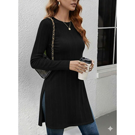 Lucky Life Kadın Uzun Kollu Bisiklet Yaka Iki Yandan Yırtmaç Detay Triko Bluz