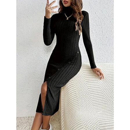 Lucky Life Kadın Uzun Kollu Balıkçı Yaka Yırtmaçlı Düğmeli şardonlu Kaşkorse Elbise