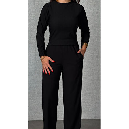 Lucky Life Kadın Uzun Kol Bisiklet Yaka Bürümcük Bluz Ve Pantolon Ikili Takım