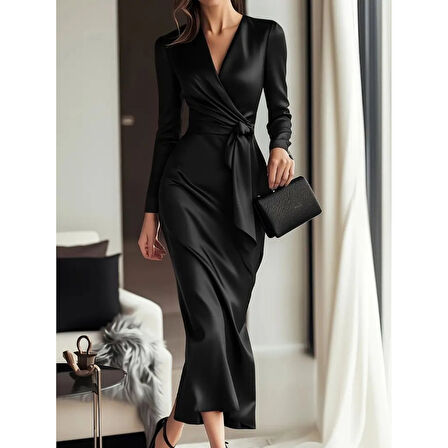 Lucky Life Kadın Uzun Kollu Kruvaze Yakalı Beli Kuşaklı Uzun Saten Elbise