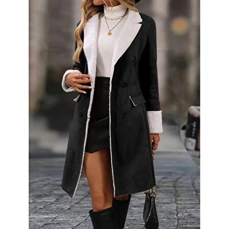 Lucky Life Kadın Uzun Kollu Yakalı Düğmeli Süet Mini Manto