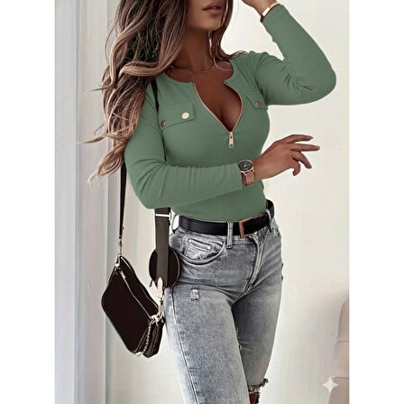 Lucky Life Kadın Uzun Kollu önden Fermuar Ve Cepli Kaşkorse Bluz