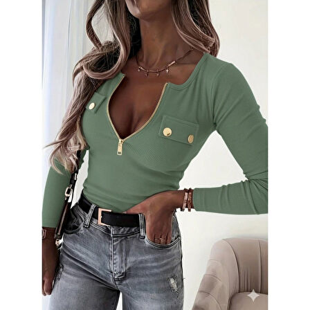 Lucky Life Kadın Uzun Kollu önden Fermuar Ve Cepli Kaşkorse Bluz