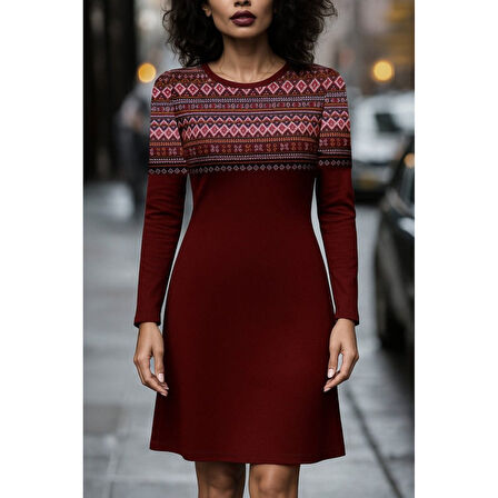 Lucky Life Lucky Life Kadın Uzun Kollu Bisiklet Yaka Etnik Desenli Kısa şardonlu Dalgıç Elbise