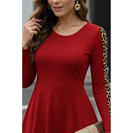 Lucky Life Kadın Uzun Kollu Bisiklet Yaka Kollar Leopar Detay Iki Iplik Mini Boy Elbise