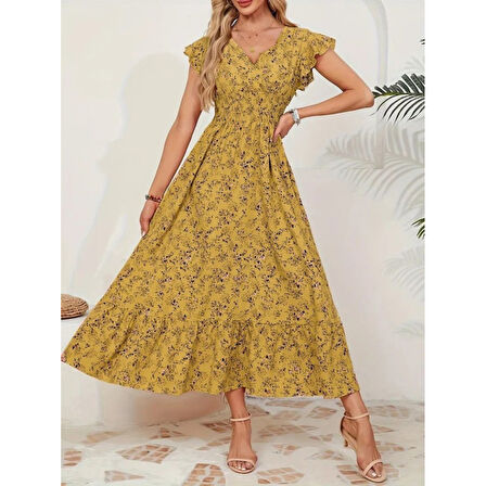 Lucky Life Kadın Kısa Kollu Kruvaze Yaka Beli Lastikli çiçek Desenli Elbise