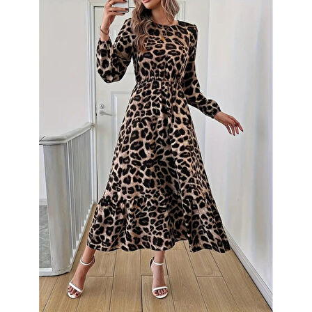 Lucky Life Uzun Kollu Bisiklet Yaka Leopar Desenli Midi Süprem Elbise