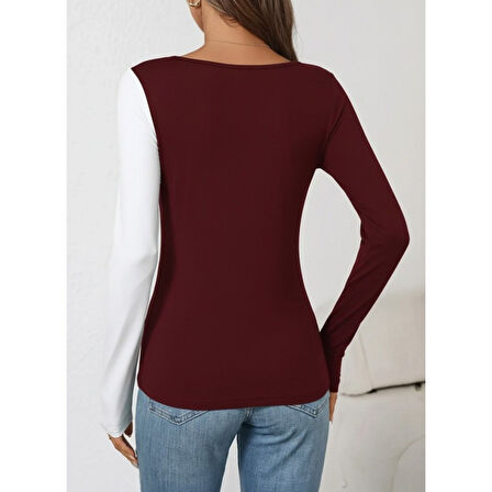 Lucky Life Kadın Uzun Kollu Geometrik Yaka Detaylı çift Renkli Viskon Bluz